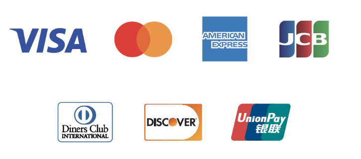 対応クレジットカード:VISA、Mastercard、American Express、JCB、Diners Club、Discover、UnionPay